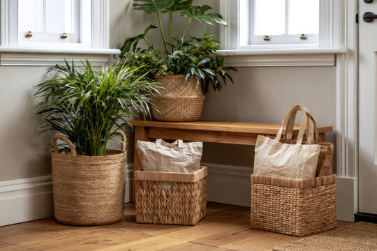 Stylish concept showing elegant eco-friendly entryway with woven storage baskets, reusable shopping bags, wooden bench and indoor plants, clean modern styling