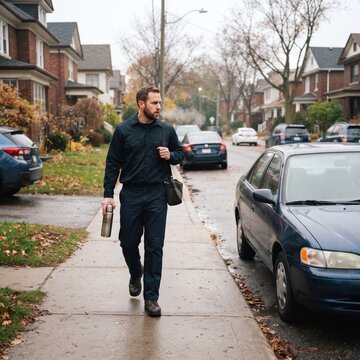 A tradesman in dark work uniform walks along a residential sidewalk carrying a thermos and shoulder bag on an overcast autumn morning.