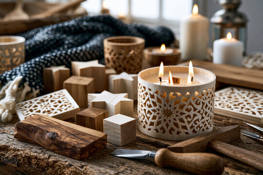 Creative home decor crafting table featuring handmade candle holders, unfinished wooden decor pieces and artisan tools, soft window lighting