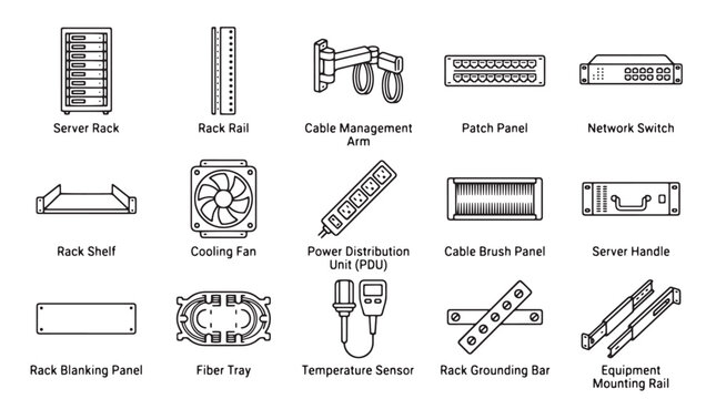 Data Center Rack Equipment Vector Icons. Server Rack, Patch Panel, Network Switch, and PDU Line Art Collection. IT Infrastructure and Network Hardware Outline Set for Technology Design.