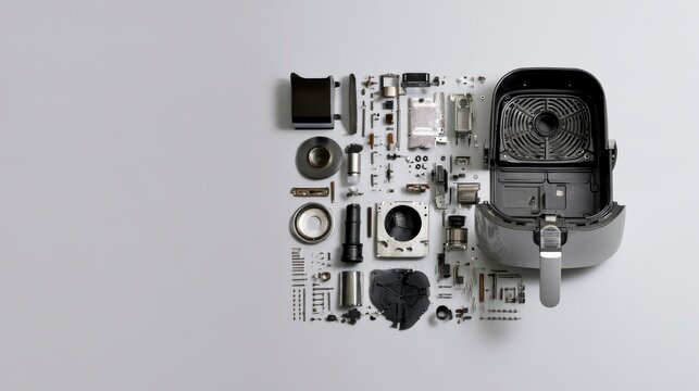 Disassembled air fryer components arranged neatly on a clean white background for repair view