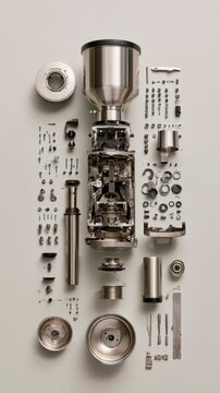 Exploded view of a disassembled professional coffee grinder components on a neutral background