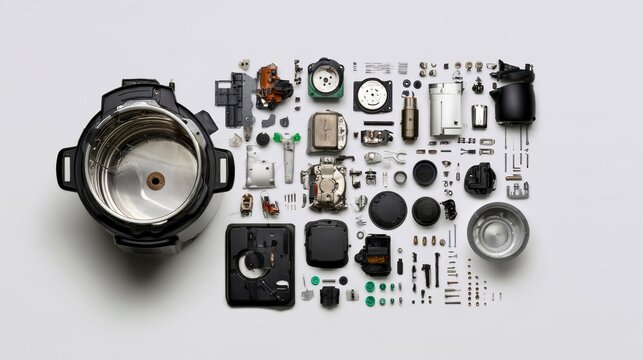Knolling layout of a disassembled electric pressure cooker with internal components on white