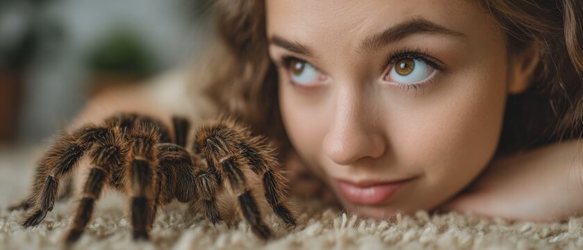 A close-up portrait of a young girl looking at a large tarantula spider on a carpeted background.
