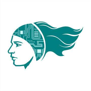 A creative vector logo design featuring a profile silhouette with a microchip circuit pattern integrated into the head. It is ideal for brand identities in the fields of artificial intelligence (AI).