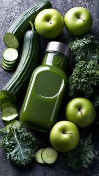 Glass bottle of green juice with cucumber apples and kale leaves