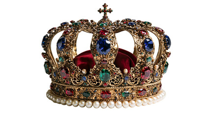 Ornate golden royal crown with red velvet lining and colorful gemstones and pearls © Anouk