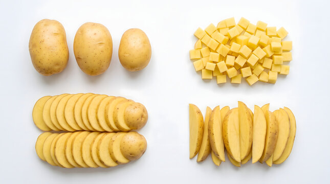 Four quadrant flat lay arrangement of whole raw yellow potatoes small diced cubes uniform sliced rounds and rustic wedges on seamless white background for culinary recipe infographic concept