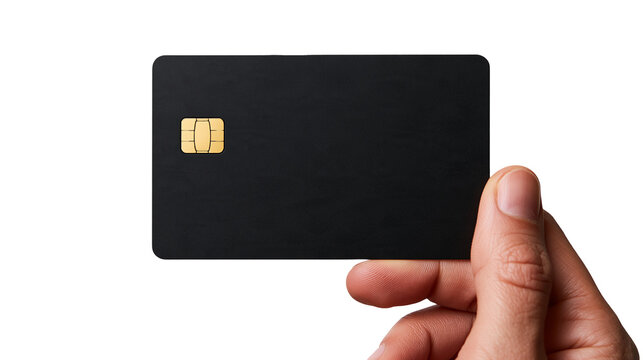 Hand holding a blank matte black credit card with a gold EMV chip