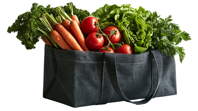 Fresh organic vegetables in a black canvas tote bag