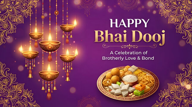 Happy bhai dooj greeting card with traditional diya lamps and sweets platter