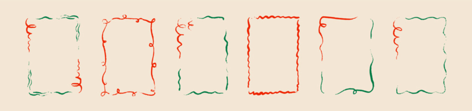 Merry Christmas and Happy New Year hand drawn crayon doodle frame set. Whimsical festive red and green sketch border with curvy serpentine. Xmas greeting card, wedding, birthday card design element