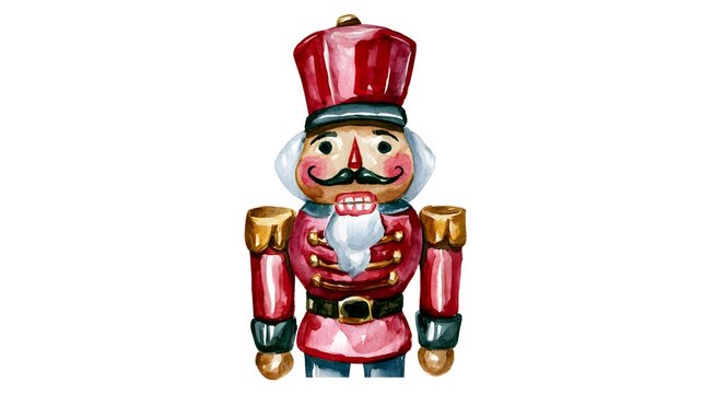 Watercolor nutcracker figurine in red uniform on white background