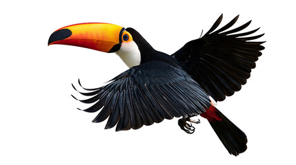 Toco toucan flying with large orange beak and black plumage © Anouk