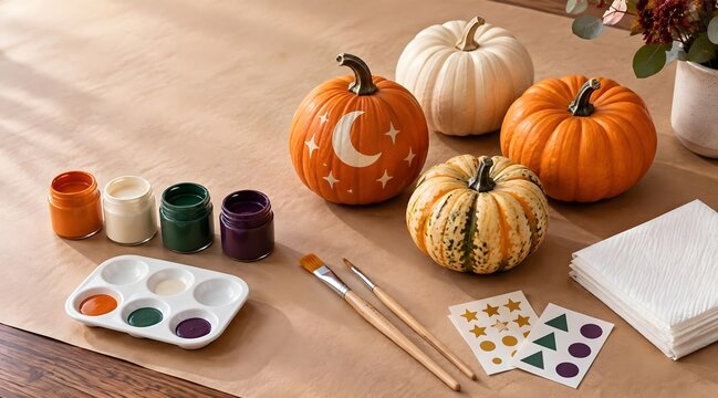 Halloween pumpkin decorating activity with paint, brushes, colorful supplies, and pumpkins