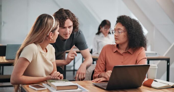 College, people and laptop in class with help, explain study material and peer support for exam. Tech, students and insight at university for essay topic, lecture slides revision and share knowledge