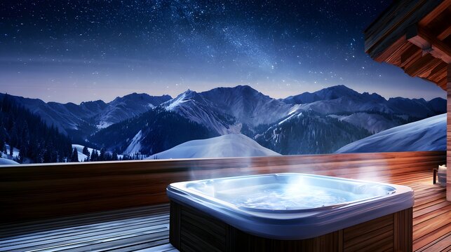 Steaming hot tub on wooden deck with snowy mountain view at night
