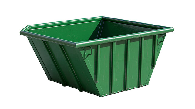 Green metal industrial waste skip container with reinforced ribbed side panels