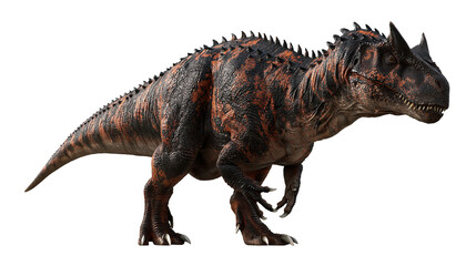 Carnotaurus dinosaur with textured black and orange skin and sharp horns © Anouk