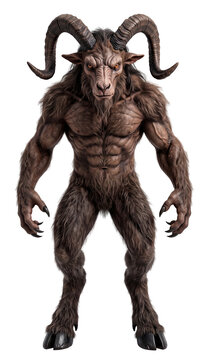 standing muscular horned goatman cryptid creature isolated on transparent background