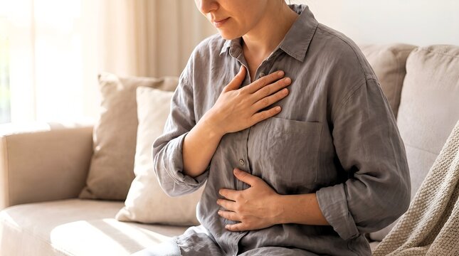 Woman sitting on sofa experiencing chest pain with hands touching chest and stomach feeling sudden discomfort indoors