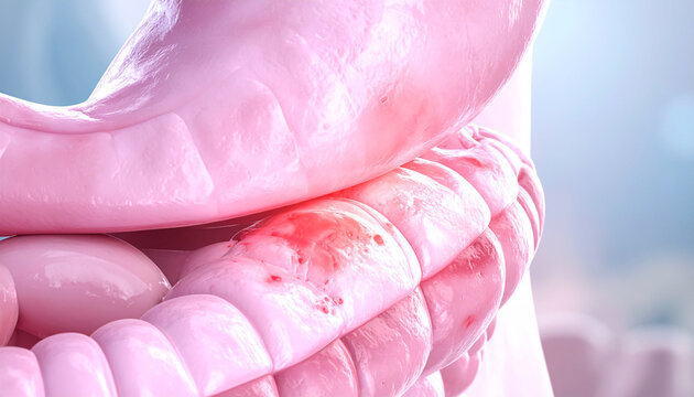 Inflammation of the Intestines: A close-up, highly detailed medical illustration showcasing the inflamed lining of the large intestine with visible red patches.