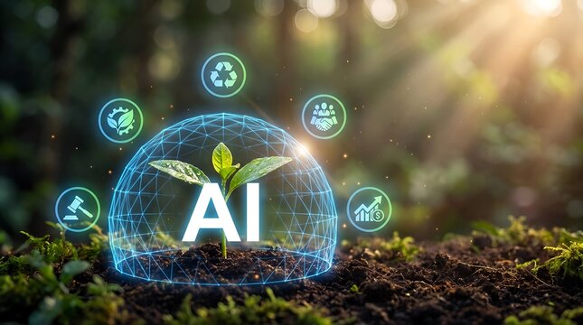 Glowing digital artificial intelligence dome protecting young green sprout growing inside rich fertile soil illuminated by warm sunlight