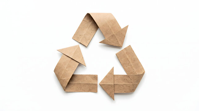 brown kraft paper strips folded into origami three arrow recycling loop symbol isolated on white background for ecological sustainability circular economy and zero waste paper packaging concept