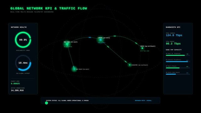 Global network KPI and traffic flow telemetry dashboard showing real-time data for availability, latency, and bandwidth across cities like New York, London, Tokyo, and Singapore.