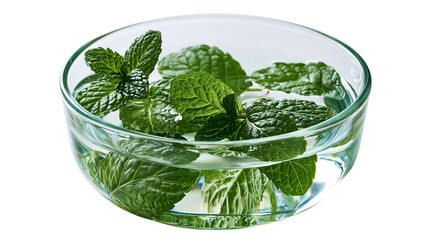 Fresh green mint leaves submerged in a clear glass bowl filled with water © Asmud