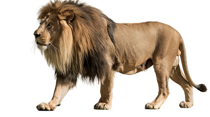 Majestic adult male lion with thick brown mane standing in profile © Asmud