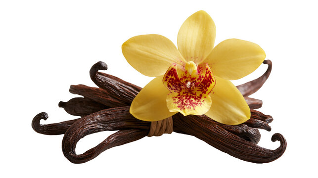 Yellow vanilla orchid flower with a bundle of dark brown dried vanilla bean pods