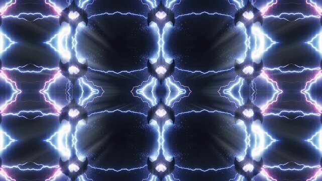 Tiled grid of neon lightning bursts, kaleidoscope pattern seamless vj loop for LED walls and video mapping installations