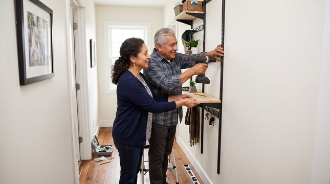 Older couple assembling furniture together in a modern hallway  