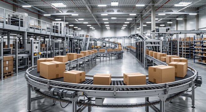 Cardboard boxes moving on automated roller conveyor belt system in modern distribution factory