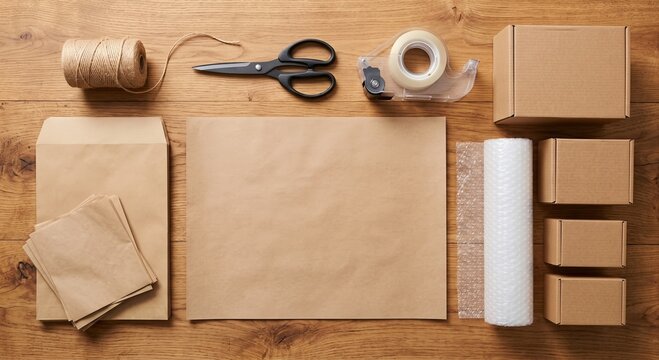 Flat lay of shipping and packaging supplies on wooden table with cardboard boxes and bubble wrap