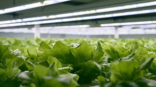 Rows of green lettuce in a vertical hydroponic farm with LED lights