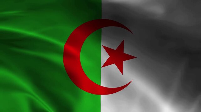 Waving flag of Algeria with green and white vertical halves and red crescent and star, 4K realistic fabric animation in the wind