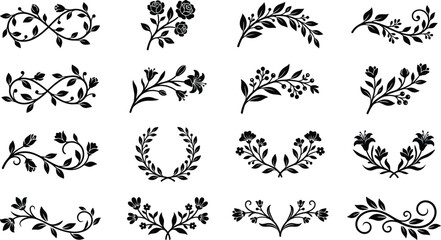 Fototapeta premium Professional vector bundle of elegant floral wreaths, branches, and botanical ornament solid black silhouettes on white background