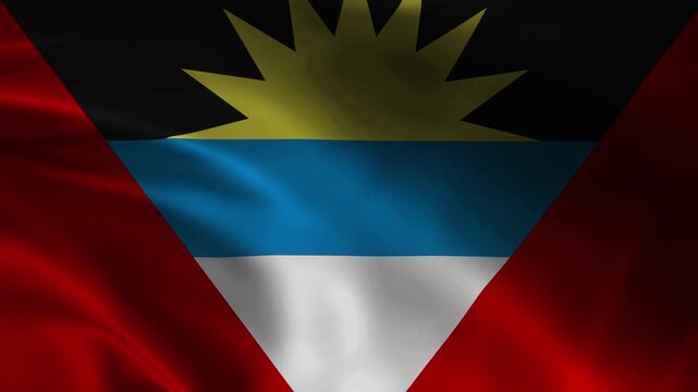 Waving flag of Antigua and Barbuda with rising sun on black V shape, blue and white bands and red triangles, 4K realistic fabric animation in the wind