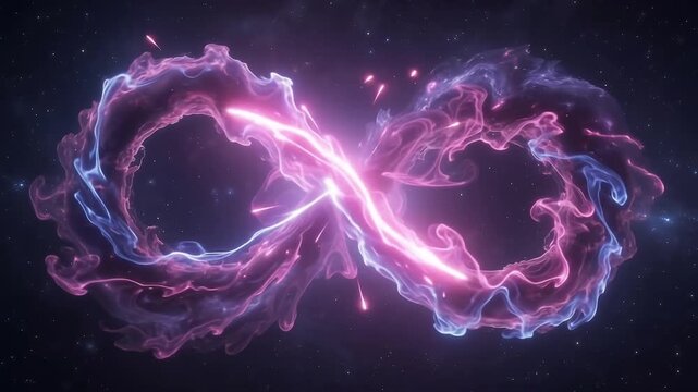 Infinity symbol in space formed by a nebula - zoom + starfield