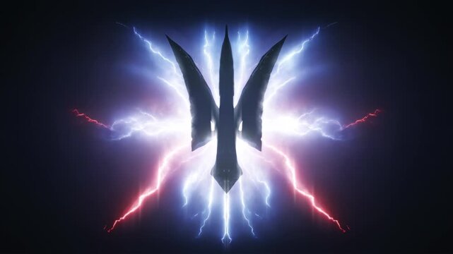 Glowing trident symbol charged with electric lightning, mythology seamless vj loop for sea god, power and fantasy themes