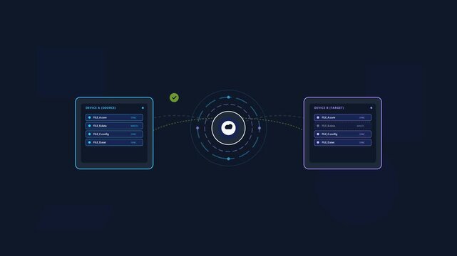 Modern flat vector technology animation showing two devices comparing different data states and synchronizing missing information through a central cloud data hub. The visual process includes scanning