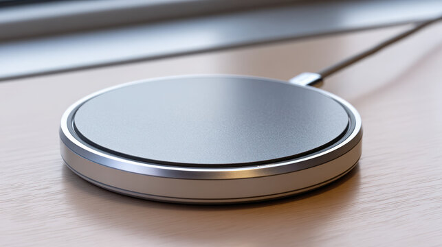 Modern aluminum wireless charging pad for mobile devices on desk