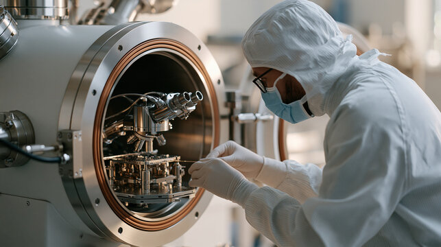 Scanning electron microscope chamber door open revealing intricate sample stage inside advanced materials science and biomedical research institute, technician in cleanroom gown