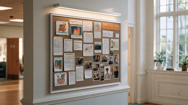 Wide view of a Sunday school hallway bulletin board densely covered with children's drawings of Noah's ark, prayer request notes, scripture memory star charts, class photos, and