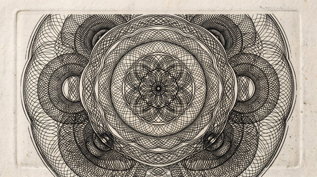 Intricate guilloche banknote security rosette engraving printed on textured vintage cream paper with fine geometric line lathe work pattern for official certificate and currency background