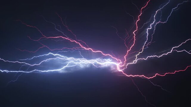 Red and blue electric currents converging into a bright point, network connection seamless vj loop for energy and data visuals