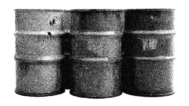 Industrial storage and export: colorful oil barrels at a dockyard - transparent background png. Stipple, halftone dots, transparent background