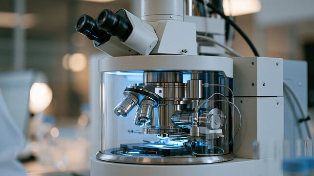 Mass spectrometer ionization chamber illuminated by interior blue glow inside toxicology testing laboratory, analytical chemistry workflow, drug metabolite detection, forensic
